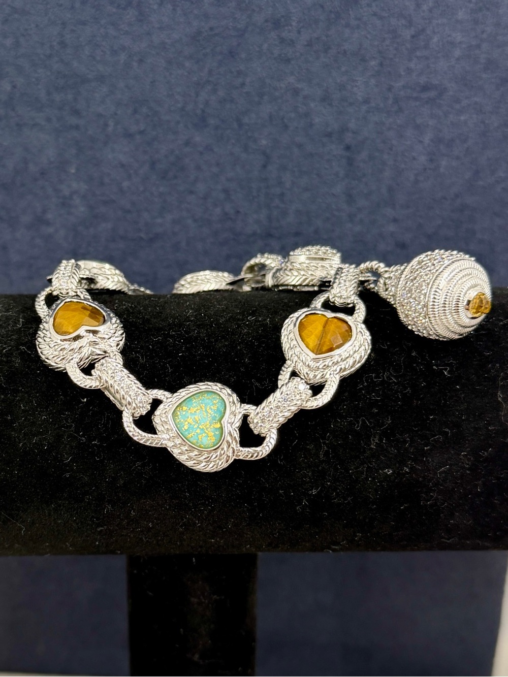 JUDITH RIPKA Sterling Silver Heart Link Tiger's Eye Turquoise Gold Bracelet 7.5”